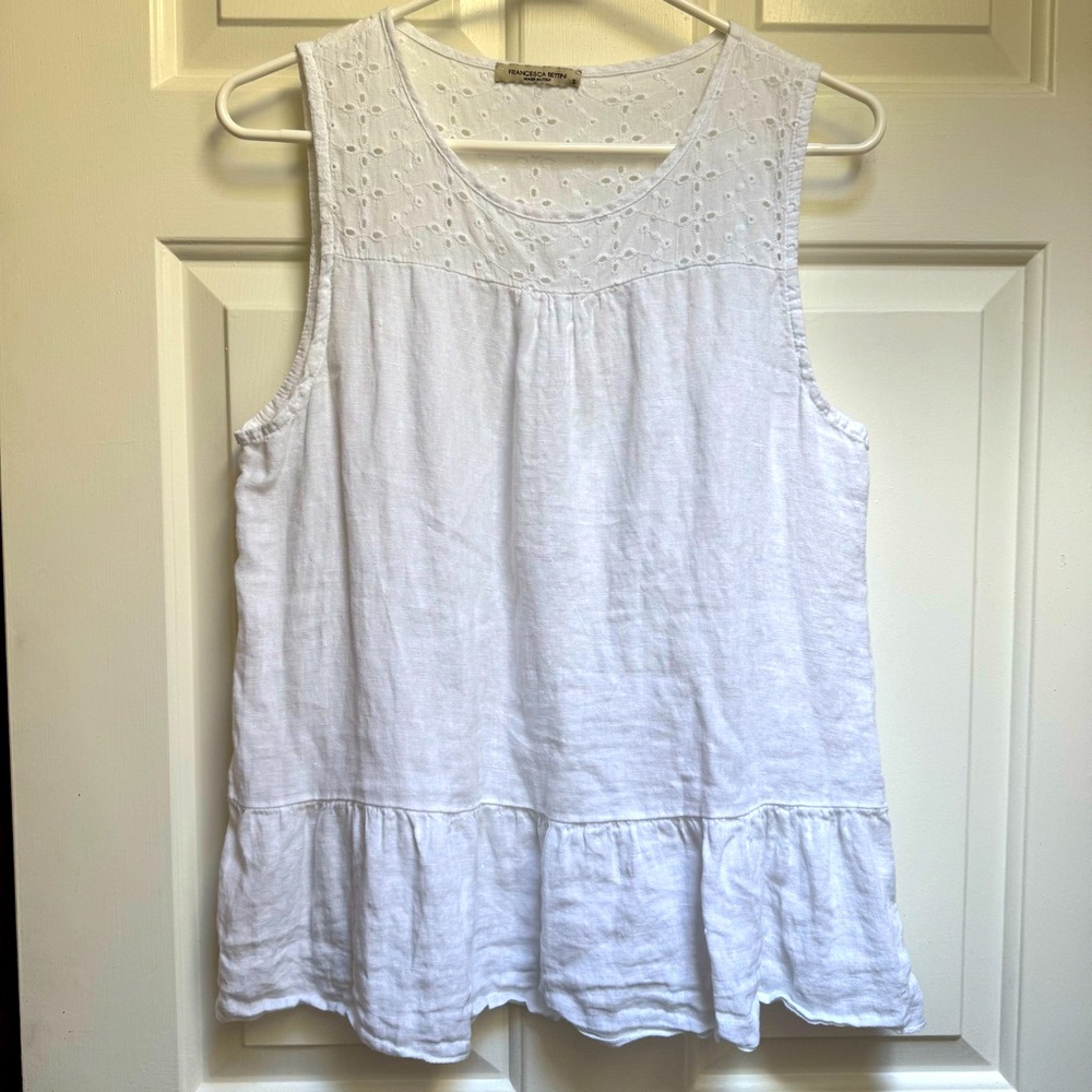 FRANCESCA BETTINI Linen Ruffle Eyelet Sleeveless Top White womens size Small